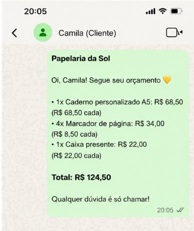 Orçamento no WhatsApp da Papelaria da Sol: caderno personalizado, marcadores de página e caixa presente, total de R$ 124,50